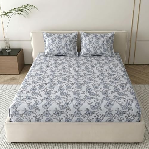 Image of Mafatlal 186 TC Grace Pure Cotton Double Size Bedsheet | 90 x 100 Inch | Soft Breathable Cotton Bed Sheet Set with 2 Pillow Covers | Sapphire Blue
