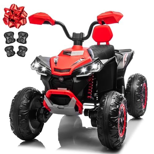 Kids Ride-On Electric ATV, 24V Battery Powered Kids Electric Vehicle 4-Wheeler Quad Car Toy w/19.3 Inch Leather 2 Seat, Kneepads, 5.5mph Max Speed, 4 Spring Suspension, LED Headlights, Music