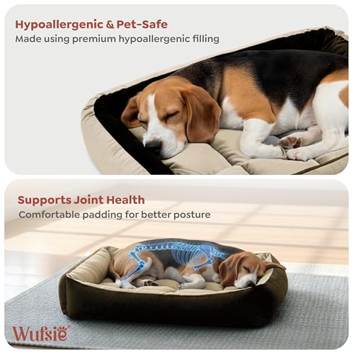 Image of Reversible Rectangle Dog Bed | Medium 60 X 75 Cm Pet Bed for Dogs and Cats | Premium Velvet, Washable Fabric | Soft Sofa-Style Bed for Dog with Thick 15 Cm Insert | Brown & Cream