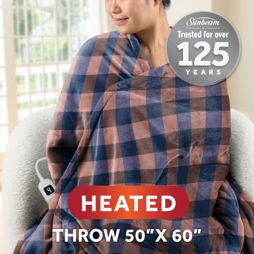 Image of Sunbeam Heated Throw Blanket Flannel Sherpa Reverse 4 Heat Pink Plaid 50x60