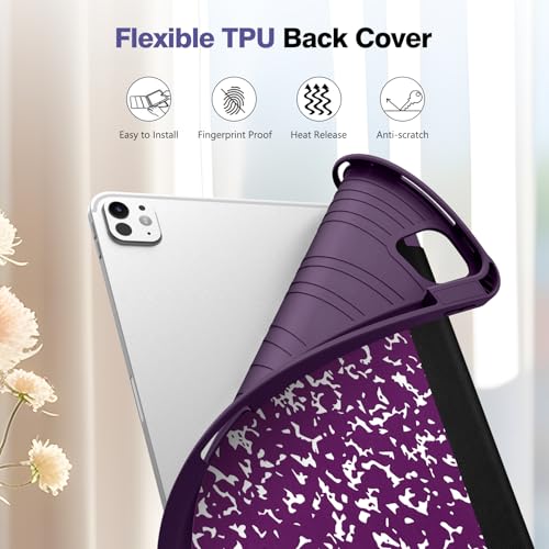 Image of Fintie SlimShell Case for iPad Pro 11-inch (M5) 2025 / (M4) 2024 - [Built-in Pencil Holder] Soft Flexible TPU Protective Stand Back Cover, Composition Book Purple