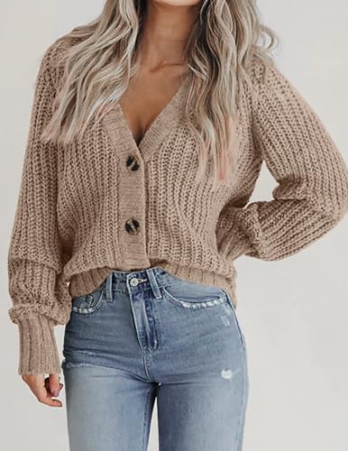 Zeagoo Women's 2025 Fall Chunky Knit Cardigans Open Front Long Sleeve V Neck Button Loose Cardigan Sweaters3