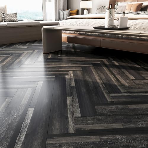 FunStick 6"x36" 17Pcs Peel and Stick Floor Tile Black Reclaimed Wood Vinyl Plank Flooring Peel and Stick Wood Flooring Tiles for Bathroom Waterproof Vinyl Flooring Planks for Kitchen Laminate Flooring