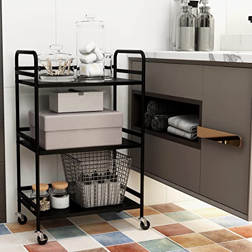 Hdani 3 Tier Rolling Cart Shelves,Heavy Duty Multifunctional Metal Frame-Supports 22 Lbs Per Tier,Rolling Cart With 2 Lockable Wheels For Home,Office,Kitchen,Bathroom,Bedroom (Black)… #TOP3