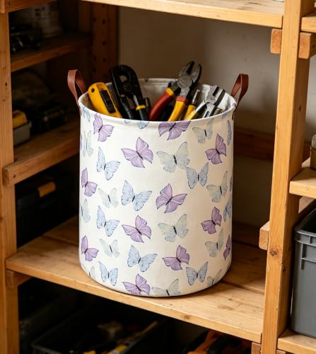 Image of Waterproof Fabric Laundry Basket,Dirty Clothes Hamper,Storage Bin(Blue & Purple Butterfly)