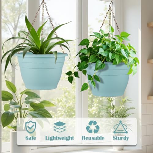 Image of RooTrimmer 3 Pack 11 Inch Plant Pots with Drainage Hole and Plug, Durable Plastic Flower Pots for Indoor & Outdoor Plants, Elegant Mordern Plant Pots Perfect for Herbs, Flowers & Succulents, Blue