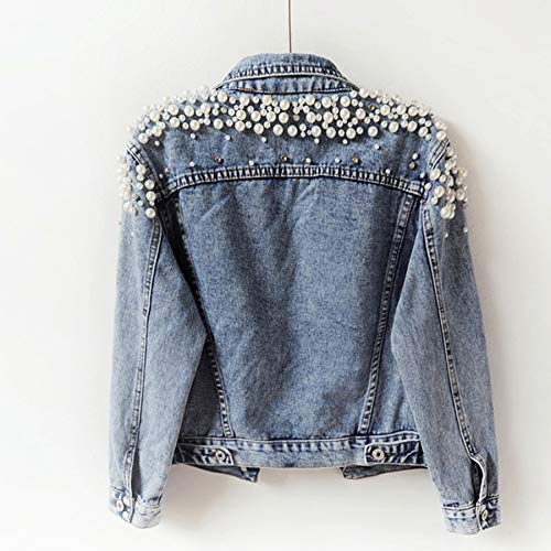 Ainangua Women's Pearls Beading Denim Jackets Loose Embroidered Short Jean Coat Outerwear(Blue,Xl) #TOP5