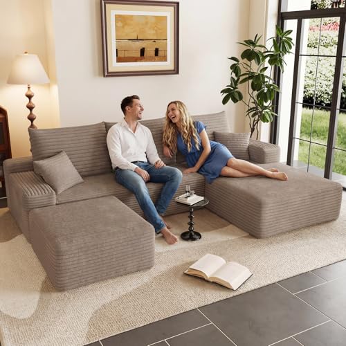 Image of 95 inch U-Shape Cloud Couch, Modern Modular Sectional L-Shape Sofa with Ottoman, Corduroy Upholstered Couches Deep Seat Sleeper Chaise Longue for Living Room, No Assembly Required(Camel, Right Facing)