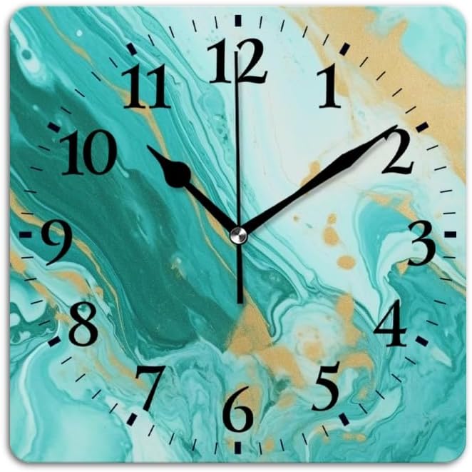 Battery Operated Wall Clocks Abstract Teal and Gold Marble Pattern Silent Non-Ticking Decor Clock with Photo for Bathroom,Office(12inch)