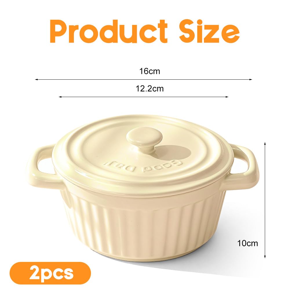Mini Cocotte con tapa, cazuela pequeña de porcelana con asas, pequeños moldes de cerámica, cazuela pequeña para lasaña, soufflé, horno, microondas, lavavajillas (beige-L-2 unidades)