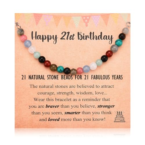 Leyung 6-21 Year Old Birthday Gifts for Girls Women, Tiny Natural Stones Birthday Bracelet Gifts for Daughter Granddaughter Niece with Happy 6th-21st Birthday Card