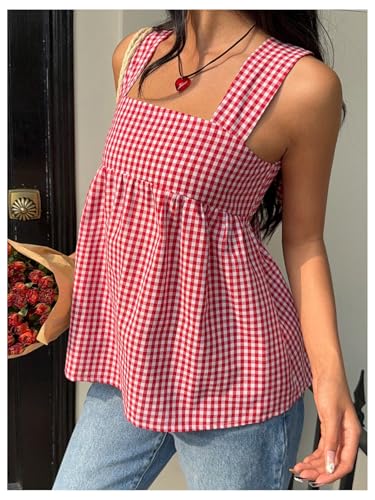 WDIRARA Women's Gingham Plaid Bow Knot Back Tank Top Square Neck Sleeveless Peplum Tops4