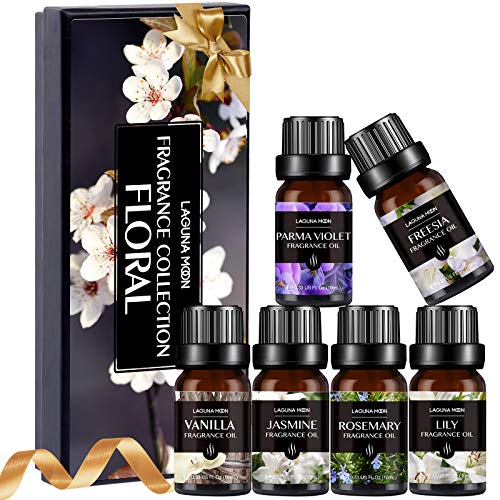Lagunamoon Floral Set of 6 Fragrance Oils Gift Set, Parma Violet, Freesia, Lily, Rosemary, Jasmine, Vanilla Fragrance Oil for Candle Making, Soap Crafting, Bath Bombs, Diffuser, 10ML/Bottle