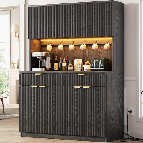 Image of Fluted Kitchen Pantry Storage Cabinet with Charging Station /LED Light /Drawer /Doors /Shelves, 71'' Tall Kitchen Food Hutch with Microwave Stand for Dining Room Living Room (Black, 47*15.7*71)