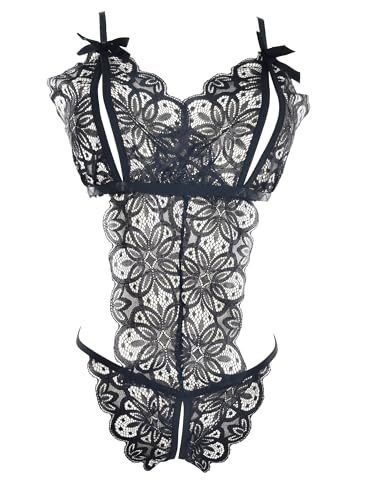 DEDLSEME Damen Dessous Sexy Spitze Unterwäsche Unten öffnen Bodysuit Nachtwäsche,S M