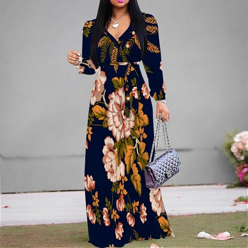 Image of Women Plus Size Long Sleeve V Neck Maxi Dress with Belt | Soft fabric relaxed fit three quarter sleeve v neck with pockets for party and daily wear