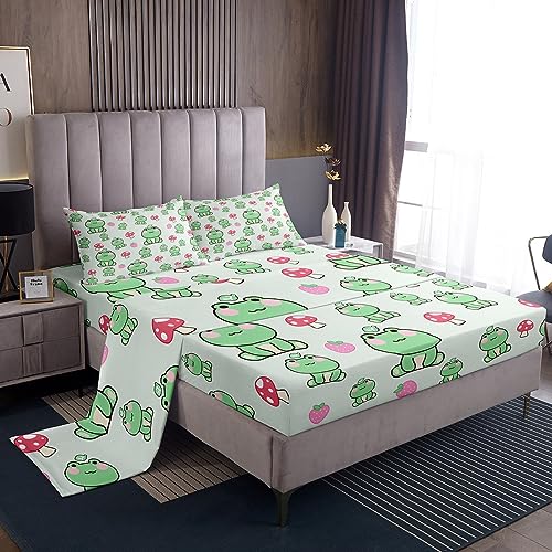 Feelyou Kids Cute Mushroom Frog Sheet Set Twin Size Kawaii Animals Fungus Bed Sheets Set for Boys Girls Teens Bedroom Decor Wild Mushroom Stuff Sheets with Deep Pocket Fitted Sheet with 1 Pi