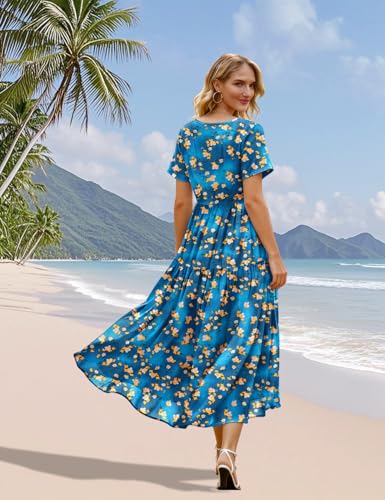 Image of YESNO Women's Summer Maxi Dresses Casual Floral Short Sleeve V Neck Boho Beach Vacation Swing Dress with Pockets EVF