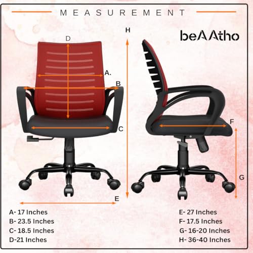 Image of beAAtho Verona Mesh Mid Back Ergonomic Home Office Chair with 3-Years Limited Warranty, Tilting & Height Adjustable Mechanism, Heavy Duty Metal Base Ideal for Office Work & Study (Red)