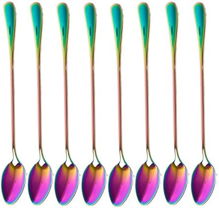 Long-handled ice tea spoon, cocktail stir spoons, stainless steel coffee spoons, Colored ice cream scoop Set of 8