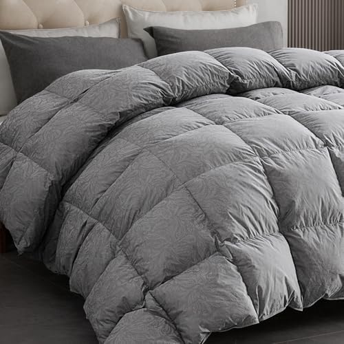 Dreamhood Luxury 90% Goose Feathers Comforter Oversized Queen Size, All Season 100% Cotton Down Duvet Insert, Retro Decoration Medium Warmth Hotel Bed Comforter (Grey, Full)