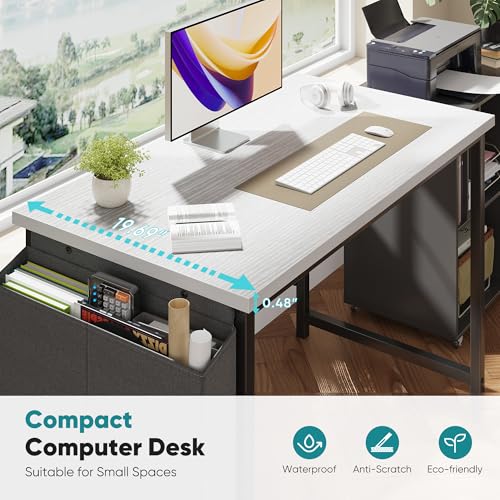 Image of OLIXIS Computer Desk, 44 Inch Gaming Desks for Home Office Small Spaces | Writing Study Craft Work Table, Computer Workstation for Bedroom with Storage Bag, White