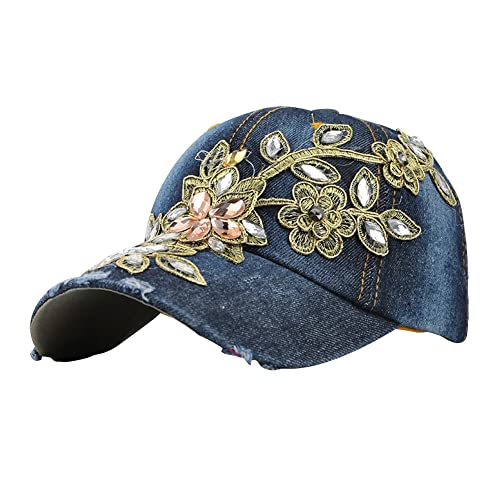 Women Embroidered Baseball Cap Vintage Rhinestone Flower Cap Adjustable Denim Snapback Cap Leisure Distressed Sun Hat, Dark Blue #TOP14