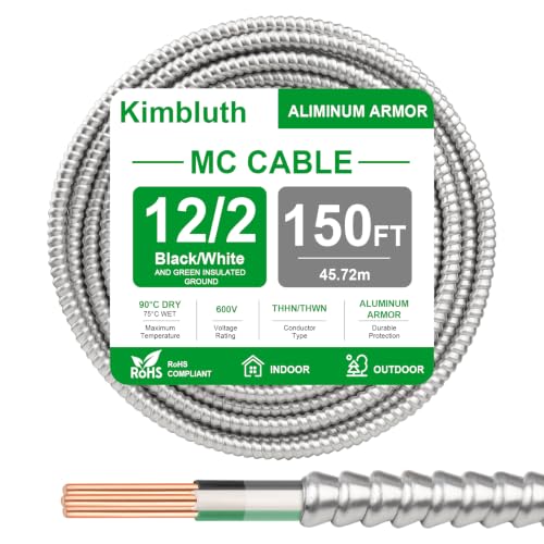 12/2 Metal Clad (MC) Cable with Ground 150ft, 12 Gauge Electric Wire with Aluminum Armor, Solid Bare Copper Conductors for Indoor Outdoor Underground Embedded Installation (12/2, 150 FT)