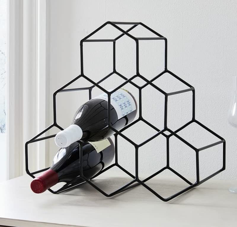 CRAFTIC DESIGN Metal Wine Rack Holder 6 Bottle Table top Wine Storage Rack Countertop Whiskey Organizer for Bar Pub & Room Rack (Black, Large)