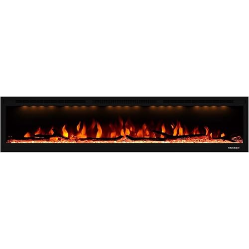 Valuxhome 74 Inches Electric Fireplace with 3 Colours, Recessed and Wall Mounted Fireplaces for Living Room with Remote, Overheating Protection, Logset and Crystal, Touch Screen, 1500W/750W, Black