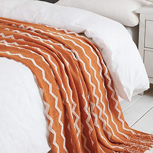 Bourina Fluffy Chenille Knitted Fringe Throw Blanket Lightweight Soft Cozy For Bed Sofa Chair Throw Blankets, Orange 50" X 60" #TOP5