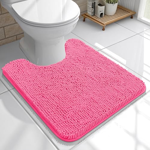 Image of OLANLY Toilet Rugs U-Shaped 20x20, Extra Soft Absorbent Chenille Contour Bathroom Rugs for Toilet, Dry Quickly, Machine Washable, Non-Slip Bath Mat, Hot Pink