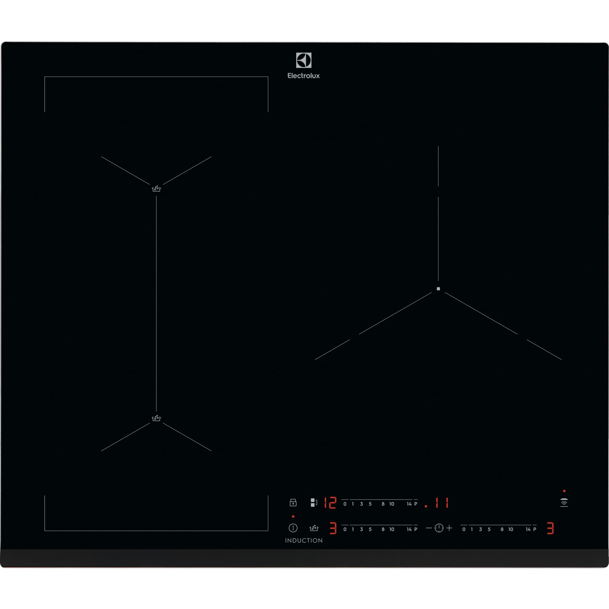 Electrolux LIS62341 Placa de Inducción, 60 cm, 3 Zonas de Cocción, 14 Niveles de potencia, Función SenseBoil, Sistema Hob2Hood, Función Pausa, Controles Slider Individuales, Negro