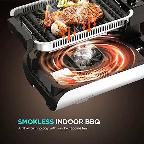 CalmDo Indoor Smokeless Grill, Electric BBQ Grill and Non-Stick Griddle Plates with 3 Temperature Control, Removable Drip Tray, Tempered Glass Lid and 14\'\' X 7.9\'\' Grilling Surface