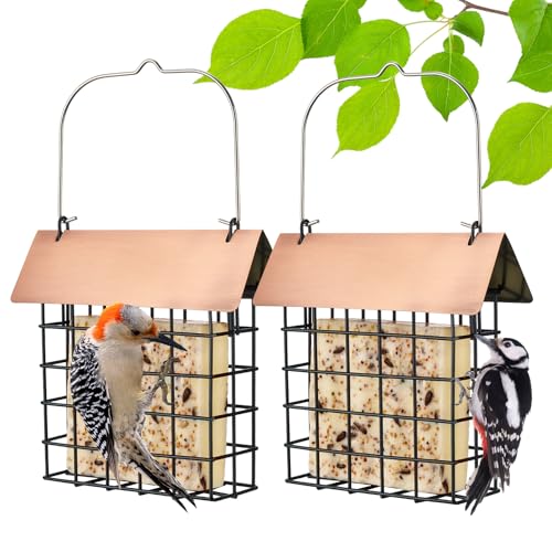 Veehoo 2Pcs Suet Bird Feeder for Outside Hanging with Metal Roof-Suet Cakes Cage Bird Feeder for Outdoors Hanging, Outdoor Garden Wild Bird Feeder Suet Holder, Woodpecker Feeder, Antique Copper