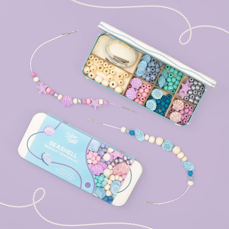 COTTON TWIST Kids Seashell Beading Kit, Children Wooden Beads Bracelet Making Craft Set, Jewellery Charms Art Crafting Game for Boys and Girls - 3+ Years