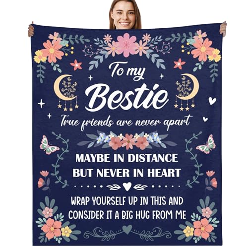 Bestie Gifts for Women Throw Blanket, Friendship Quote Floral Design Soft Cozy Fuzzy Flannel Blanket, Gift for Best Friend Girls Birthday Christmas (50" x 60")