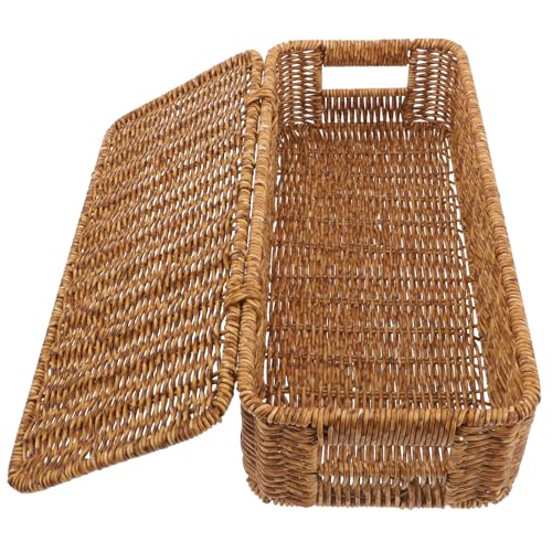 UKCOCO Caja de Almacenamiento Tejida Estilo Europeo Tapa, Cesta Decorativa Estrecha Color Marrón Oscuro, Organizador de Escritorio para Artículos Diversos, Contenedor Compacto para Uso
