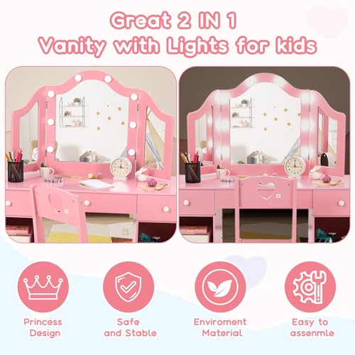 Kids Vanity with Lights, Princess Makeup Vanity Desk with Storage Cabinet & Touch Light Detachable Tri-Folding Mirror, 2 In 1 Toddler Vanity Table & Chair Set Wooden Girls Vanity Dress Table for Girls