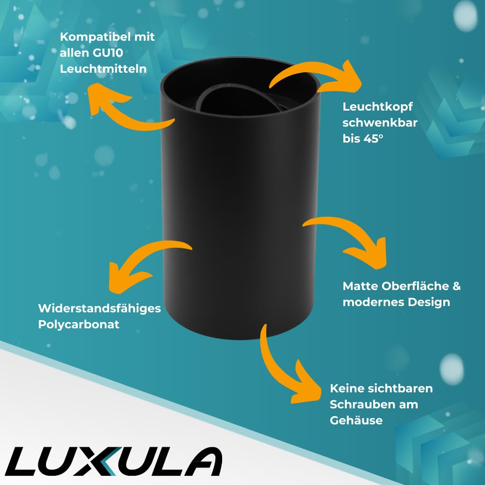 LUXULA 8er Set Aufbauspot Aufbaustrahler mit GU10 Fassung - 45° Schwenkbar - rund - schwarz - Kunststoff - Deckenspot Aufbauleuchte - 230V - ohne Leuchtmittel