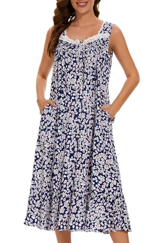 Image of AVIIER Cotton Nightgowns for Women Sleeveless House Dress Ladies Long Nightdress with Pockets S-XXL