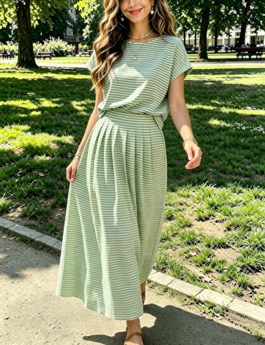 Image of Zontroldy Women's Summer 2 Piece Outfits Striped Skirt Sets Cap Sleeve Crop Top Midi Dress Matching Travel Outfits