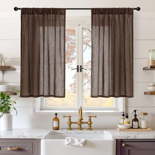 Image of BGment Brown Linen Curtains 40 Inch Length, Short Drapes for Kitchen Over Sink Bathroom Decor Lightweight Rustic Country Textured Rod Pocket, 2 Panels Set, Each 42 Inch Wide