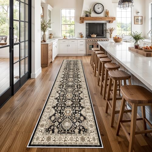 Washable Hallway Runner Rug 3x12: Non Slip Runner Rugs with Rubber Backing Soft Kitchen Rug Farmhouse Distressed Carpet Runner for Living Room Bedroom Bathroom (Black, 3X12)