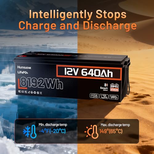 Image of HumsiENK 12V 640Ah LiFePO4 Lithium Battery Bluetooth, 250A BMS, 15000+ Cycles 600Ah+ LiFePO4 Battery, IP65 & Low Temp Protection, Max. 8192Wh Output Perfect for Home Backup, Solar Energy, 2 PACK