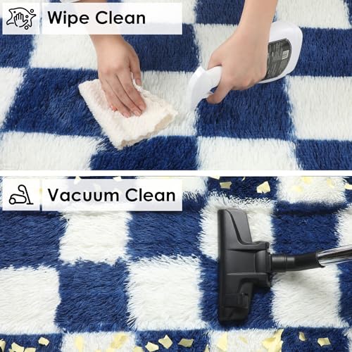 Image of KICMOR Rugs for Living Room, Soft Fluffy Checkered Shag 5x8 Area Rug Large Big Fuzzy Shaggy Bedroom Plush Carpet, Navy Blue and Cream White Rug for Kids Boys Girls Dorm Nursery Home Decor Aesthetic