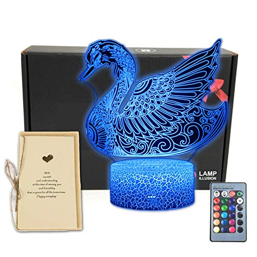 TriPro Swan Bird 3D Illusion Bedroom Decorations Night Light Table Lamp with Greeting Card, 16 Colors Change Remote Control Room Decor Gifts for Girls, Men, Women, Kids, Boys, Teens