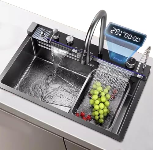 Fregadero de acero inoxidable en cascada - Fregadero de cocina grande de un solo tazón con pantalla de temperatura del agua y accesorios completos (75 x 45 x 22 cm)