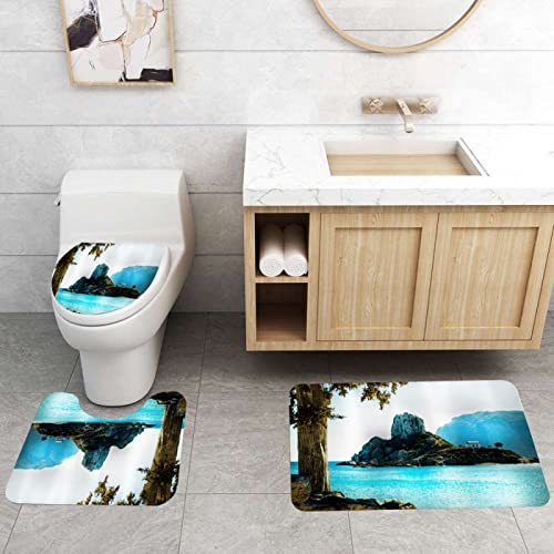 3-teilig Badematten Set, 3D Digitaldruck Insel Badteppich Sets rutschfest Badvorleger Blau Waschbar U-Förmiger…