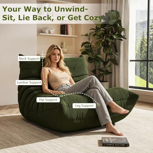 Image of Giant Bean Bag Chair for Adults，Comfy Single Floor Fireside Chair with Memory Foam,Cozy Accent Sofa Couch Boneless Chaise Loungefor Small Room Living Room Bedroom Gaming Room(Green, Single)